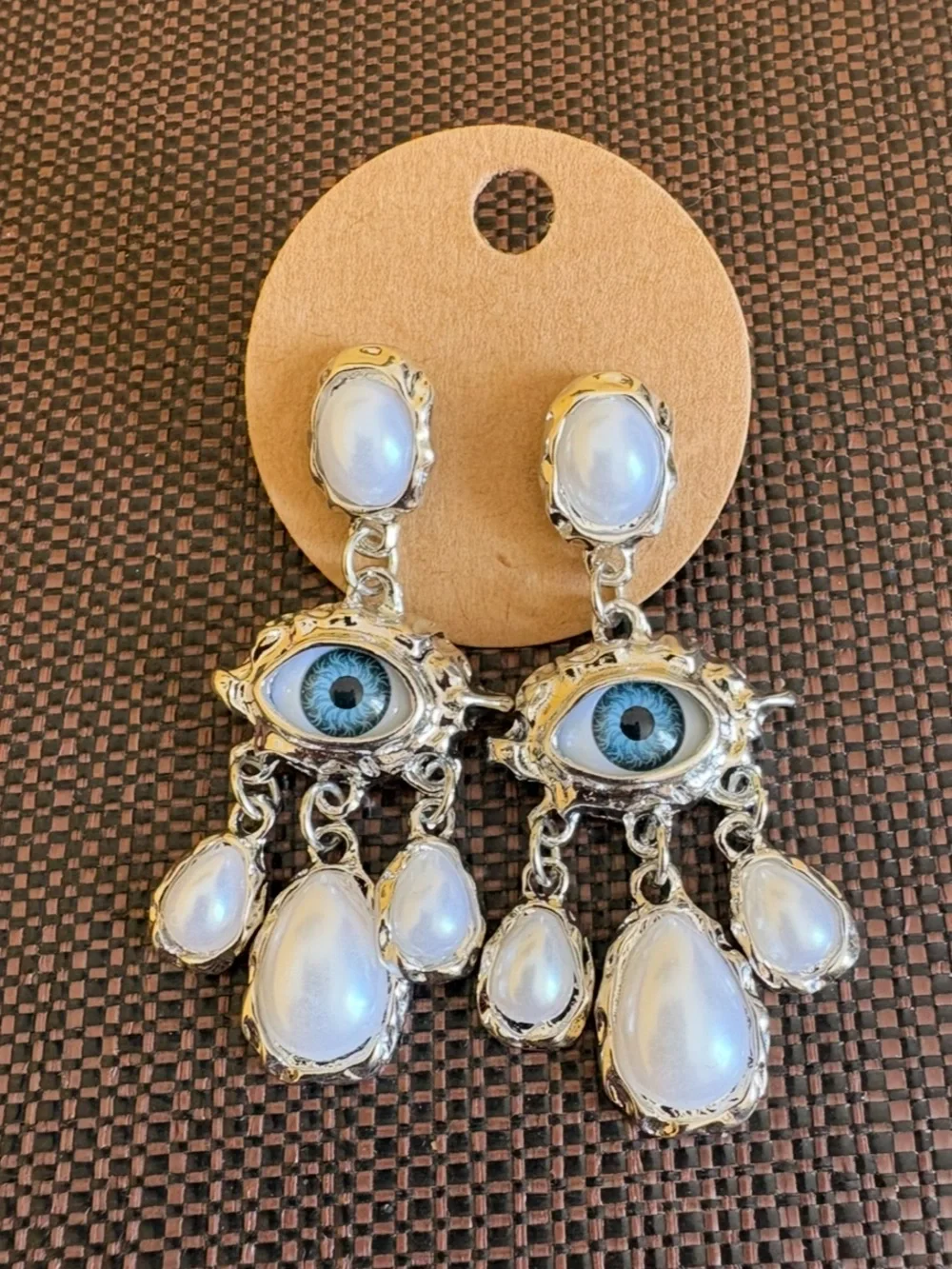 New! Silver Drop Baroque Style Pearls with Blue Evil Eye Chandelier Earrings